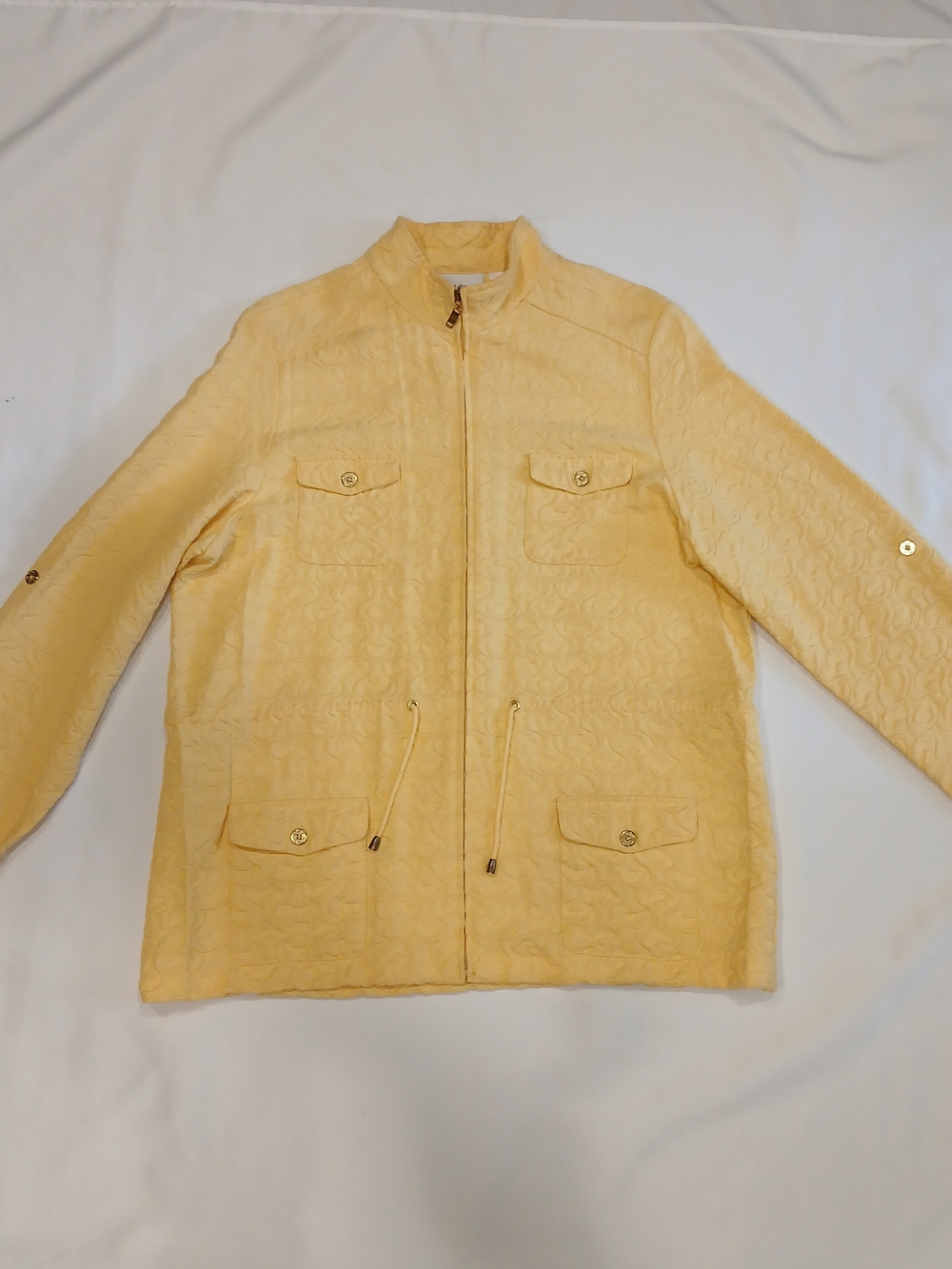 Alfred Dunner Sz 16 Yellow Textured Quilted Zip Up Jacket Drawstring Pockets EUC
